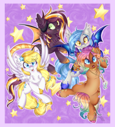 Size: 1024x1131 | Tagged: safe, artist:pvrii, oc, oc only, oc:midnight radiance, oc:samhain, oc:star shooter, oc:sunkiss reverie, bat pony, pony, milestone