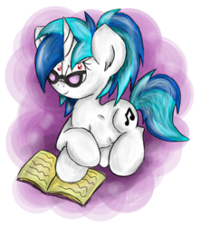 Size: 1014x1143 | Tagged: safe, artist:kristysk, dj pon-3, vinyl scratch, g4, book, female, glasses, prone, reading, red eyes, solo, wrong eye color