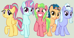 Size: 904x464 | Tagged: safe, artist:pinkie-s2, indigo zap, lemon zest, sour sweet, sugarcoat, sunny flare, equestria girls, g4, my little pony equestria girls: friendship games, crystal prep shadowbolts, equestria girls ponified, grin, ponified, raised hoof, shadow five, smiling