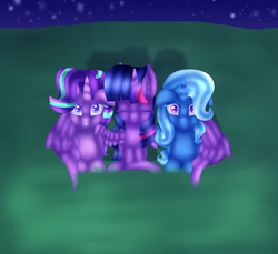 Size: 2680x2450 | Tagged: safe, artist:twilightsparkledark, starlight glimmer, trixie, twilight sparkle, alicorn, pony, g4, counterparts, female, high res, hug, magical trio, mare, twilight sparkle (alicorn), twilight's counterparts, winghug