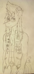 Size: 737x1594 | Tagged: safe, artist:mane-shaker, oc, oc only, oc:mane shaker, unicorn, anthro, abs, chest fluff, clothes, monochrome, solo, traditional art, vest