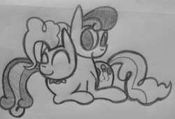 Size: 1102x754 | Tagged: safe, artist:poorlydrawnpony, bon bon, pinkie pie, sweetie drops, g4, female, lesbian, monochrome, ship:bonpie, shipping, snuggling, traditional art