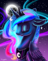 Size: 2000x2500 | Tagged: safe, artist:wingsterwin, princess luna, alicorn, pony, g4, eyes closed, female, high res, horn, horn jewelry, jewelry, moon, solo, stars