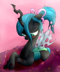 Size: 3641x4370 | Tagged: safe, artist:pucksterv, queen chrysalis, changeling, changeling queen, g4, bed, blanket, blushing, cute, cutealis, female, high res, ponytail, prone, ribbon, solo