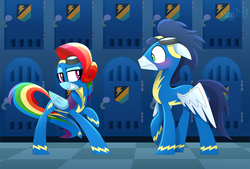 Size: 2470x1669 | Tagged: safe, artist:siggie740, rainbow dash, soarin', pony, g4, newbie dash, female, floppy ears, grin, male, rainbow fash, scene interpretation, ship:soarindash, shipping, straight, uncomfortable, wide eyes, wonderbolts uniform