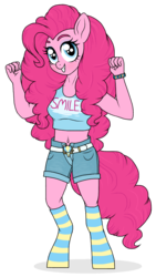 Size: 525x932 | Tagged: safe, artist:unoriginai, pinkie pie, earth pony, anthro, unguligrade anthro, g4, belly button, belt, clothes, cute, cutie mark, female, midriff, short shirt, shorts, simple background, solo, transparent background, unbuttoned