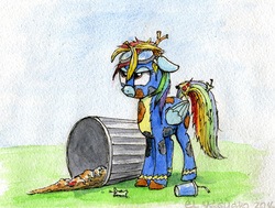 Size: 800x606 | Tagged: safe, artist:el-yeguero, rainbow dash, g4, newbie dash, female, rainbow trash, solo, traditional art, trash can, wonderbolts uniform