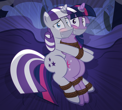 Size: 900x810 | Tagged: safe, alternate version, artist:radiantrealm, twilight sparkle, twilight velvet, pony, unicorn, g4, blushing, bondage, bound together, duct tape, female, gag, horn, horn ring, looking at you, magic suppression, mother and daughter, mother's day, rope, show accurate, show accurate porn, tape gag, tied up