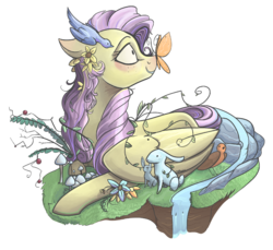 Size: 899x823 | Tagged: safe, artist:crponies, fluttershy, bird, butterfly, rabbit, g4, butterfly on nose, female, insect on nose, lying down, simple background, solo, transparent background