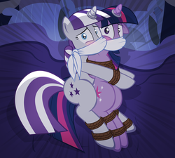 Size: 900x810 | Tagged: safe, alternate version, artist:radiantrealm, twilight sparkle, twilight velvet, pony, unicorn, g4, blushing, bondage, bound together, cloth gag, female, gag, horn, horn ring, looking at you, magic suppression, mother and daughter, mother's day, over the nose gag, rope, show accurate, tied up