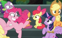 Size: 1041x642 | Tagged: safe, screencap, apple bloom, applejack, fluttershy, pinkie pie, scootaloo, spike, sweetie belle, twilight sparkle, alicorn, pony, newbie dash, cropped, cutie mark, cutie mark crusaders, discovery family logo, female, filly, mare, scared, smiling, the cmc's cutie marks, twilight sparkle (alicorn)