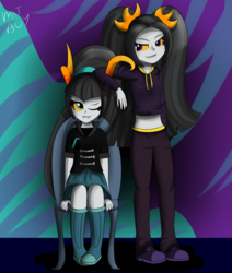 Size: 2499x2945 | Tagged: safe, artist:mit-boy, aria blaze, sonata dusk, equestria girls, g4, boots, chair, clothes, crossover, duo, fangs, high res, homestuck, horns, midriff, one eye closed, pants, pigtails, ponytail, shoes, signature, sitting, skirt, troll (homestuck), trollified