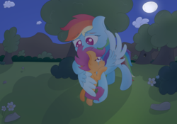 Size: 2000x1400 | Tagged: safe, artist:vengefulstrudel, rainbow dash, scootaloo, g4, crying, hug, scootalove, winghug