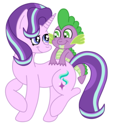 Size: 1500x1692 | Tagged: safe, artist:squipycheetah, spike, starlight glimmer, dragon, pony, unicorn, g4, the crystalling, alternate hairstyle, cute, female, glimmerbetes, happy, looking back, male, mare, new hairstyle, raised hoof, raised leg, ship:sparlight, shipping, simple background, smiling, straight, transparent background, vector, walking