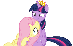 Size: 1280x808 | Tagged: safe, artist:ambassad0r, edit, fluttershy, twilight sparkle, alicorn, pony, g4, newbie dash, animated, crown, cute, duo, eye shimmer, female, hair over one eye, hug, just friends, mare, simple background, surprised, thousand yard stare, transparent background, twilight sparkle (alicorn)