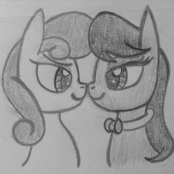 Size: 1280x1280 | Tagged: safe, artist:poorlydrawnpony, bon bon, octavia melody, sweetie drops, g4, bedroom eyes, bontavia, female, lesbian, monochrome, shipping, traditional art