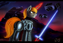 Size: 1280x887 | Tagged: safe, artist:das_leben, oc, oc only, crossguard lightsaber, gritted teeth, lightsaber, magic, solo, star wars, starfighter, telekinesis, tie fighter, twilight (astronomy), weapon