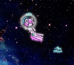 Size: 794x696 | Tagged: safe, artist:php39, oc, oc only, oc:halo whooves, angel, pony, art, cyan, female, floating, halo, mare, pink, ponysona, sleeping, space, stars, wings