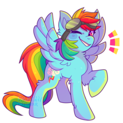 Size: 1024x1024 | Tagged: safe, artist:fawnshy, rainbow dash, pegasus, pony, g4, female, fluffy, goggles, looking at you, looking down, one eye closed, raised hoof, simple background, smiling, solo, spread wings, transparent background, wings, wink