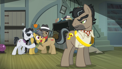 Size: 1280x720 | Tagged: safe, screencap, biff, daring do, doctor caballeron, rogue (g4), withers, earth pony, pony, daring don't, g4, clothes, female, henchmen, male, mare, rings of scorchero, stallion