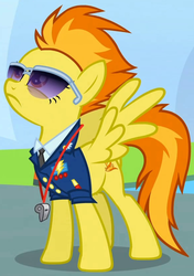 Size: 585x830 | Tagged: safe, screencap, spitfire, pegasus, pony, g4, wonderbolts academy, cropped, female, mare, necktie, solo, spitfire's tie, spread wings, sunglasses, whistle, wings, wonderbolts dress uniform