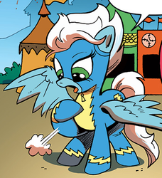 Size: 344x377 | Tagged: safe, idw, fleetfoot, pony, g4, spoiler:comic, cropped, female, looking down, open mouth, solo, spread wings, wonderbolts uniform