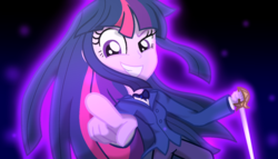 Size: 1400x800 | Tagged: safe, artist:geraritydevillefort, twilight sparkle, the count of monte rainbow, equestria girls, g4, crossover, cute, cute little fangs, evil smile, fangs, female, glowing, grin, mondego, monsparkle, mystic arte, rapier, smiling, smirk, solo, sword, the count of monte cristo, weapon