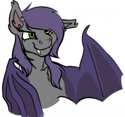 Size: 400x372 | Tagged: artist needed, source needed, safe, oc, oc only, oc:shayne, bat pony, pony, chest fluff, cute, fangs, female, green eyes, simple background, smiling, solo, white background, wings