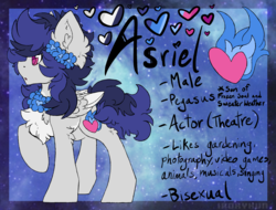 Size: 2406x1825 | Tagged: safe, artist:php166, oc, oc only, oc:asriel, pegasus, pony, cutie mark, flower, male, reference sheet, solo, stallion, text, wings