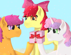 Size: 4500x3500 | Tagged: safe, artist:fia94, apple bloom, scootaloo, sweetie belle, earth pony, pony, g4, advent calendar, cutie mark crusaders, hearth's warming eve, high res, present