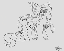 Size: 1280x1030 | Tagged: safe, artist:morroderthefreakyguy, derpy hooves, oc, pegasus, pony, g4, :p, confused, cute, eating, eyes closed, female, floppy ears, heart, mare, monochrome, nom, open mouth, puffy cheeks, raised eyebrow, raised hoof, silly, smiling, spread wings, tongue out, wide eyes