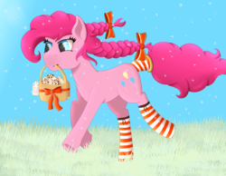 Size: 4500x3500 | Tagged: safe, artist:fia94, pinkie pie, earth pony, pony, g4, advent calendar, alternate hairstyle, basket, bow, braid, christmas, clothes, female, food, hair bow, high res, mouth hold, muffin, ribbon, socks, solo, striped socks, tail wrap