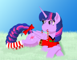 Size: 4500x3500 | Tagged: safe, artist:fia94, twilight sparkle, alicorn, pony, g4, advent calendar, candy, candy cane, christmas, clothes, female, food, high res, mare, mouth hold, socks, solo, striped socks, tail bow, twilight sparkle (alicorn)