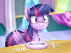 Size: 3600x2700 | Tagged: safe, artist:scarlet-spectrum, twilight sparkle, alicorn, pony, g4, no second prances, faic, female, fork, frown, high res, knife, mare, plate, scene interpretation, solo, spoon, table, twilight sparkle (alicorn), twilight's castle, wide eyes