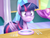 Size: 3600x2700 | Tagged: safe, artist:scarlet-spectrum, twilight sparkle, alicorn, pony, g4, no second prances, faic, female, fork, frown, high res, knife, mare, plate, scene interpretation, solo, spoon, table, twilight sparkle (alicorn), twilight's castle, wide eyes