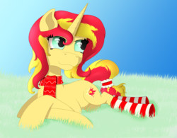 Size: 1023x796 | Tagged: safe, artist:fia94, sunset shimmer, pony, unicorn, g4, advent calendar, christmas, clothes, female, scarf, socks, sockset shimmer, solo, striped socks