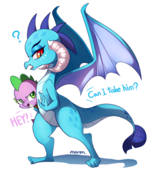 Size: 2590x2869 | Tagged: safe, artist:maren, princess ember, spike, dragon, g4, gauntlet of fire, carrying, dialogue, duo, female, high res, holding a dragon, male, question mark, ship:emberspike, shipping, straight, tsundember, tsundere