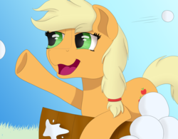 Size: 1023x796 | Tagged: safe, artist:fia94, applejack, earth pony, pony, g4, advent calendar, christmas, female, open mouth, snow, snowball, snowball fight, solo