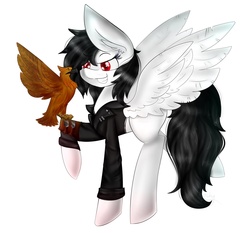 Size: 2048x1907 | Tagged: safe, artist:lightningflashyy, oc, oc only, oc:revi stiletto, eagle, pegasus, pony, clothes, gauntlet, leather jacket, looking down, pegasus oc, simple background, smiling, white background