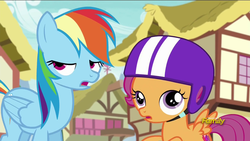 Size: 1920x1080 | Tagged: safe, screencap, rainbow dash, scootaloo, g4, newbie dash, cutie mark, derp, discovery family logo, faic, helmet, lidded eyes, the cmc's cutie marks