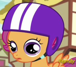 Size: 775x686 | Tagged: safe, screencap, scootaloo, g4, newbie dash, cropped, derp, discovery family logo