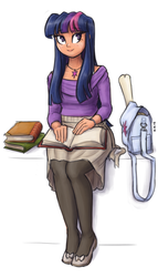 Size: 734x1280 | Tagged: safe, artist:king-kakapo, twilight sparkle, human, g4, adorkable, bag, blushing, book, bra strap, clothes, cute, dork, female, humanized, multiple variants, necklace, pantyhose, shoes, simple background, sitting, skirt, smiling, solo, stockings, white background