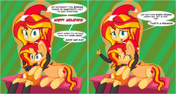 Size: 1608x863 | Tagged: safe, artist:miroslav46, sunset shimmer, human, pony, unicorn, g4, announcement, dialogue, human ponidox, humanized, looking at you, meta, self ponidox, simple background, smiling, speech bubble, sunset shimmer hates you, thumbs up