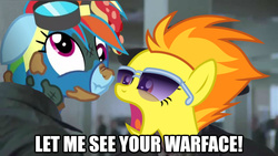 Size: 1280x720 | Tagged: safe, edit, rainbow dash, spitfire, g4, my little pony: friendship is magic, newbie dash, full metal jacket, image macro, let me see your war face, meme, rainbow trash, war face, wonderbolts uniform