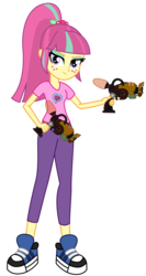 Size: 3200x6000 | Tagged: dead source, safe, artist:razethebeast, sour sweet, equestria girls, g4, my little pony equestria girls: friendship games, absurd resolution, clothes, combuster, crossover, dual wield, female, flash puppet, freckles, new outfit, pants, ratchet and clank, shoes, simple background, sneakers, solo, transparent background, vector, weapon
