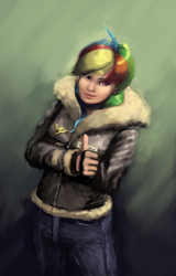 Size: 705x1103 | Tagged: safe, artist:bakuel, rainbow dash, human, g4, newbie dash, badge, bomber jacket, clothes, female, fingerless gloves, gloves, humanized, jacket, pants, solo, thumbs up, wonderbolts logo, zipper