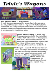 Size: 600x885 | Tagged: safe, screencap, carrot top, golden harvest, trixie, pony, unicorn, boast busters, g4, magic duel, no second prances, female, mare, summary, text, trixie's wagon, vandalism, wagon