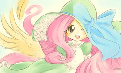 Size: 1820x1100 | Tagged: safe, artist:unousaya, fluttershy, g4, blushing, clothes, cute, dress, female, frilly dress, hat, one eye closed, open mouth, ribbon, shyabetes, smiling, solo