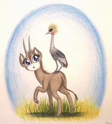 Size: 851x939 | Tagged: safe, artist:thefriendlyelephant, oc, oc only, oc:uganda, antelope, bird, giant sable antelope, african crowned crane, animal in mlp form, barely pony related, cloven hooves, feather, grass, horns, non-mlp oc, solo, traditional art