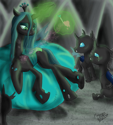 Size: 2894x3189 | Tagged: safe, artist:megumi-arakaki, queen chrysalis, changeling, changeling queen, nymph, g4, changeling feeding, crying, cute, cutealis, cuteling, female, heart, high res, magic, mommy chrissy, mother and child, mother's day, smiling, spoon